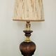 French Mid Century Round Lamp in Turned Wood and Gold Metal Beige Fabric Shade 3625