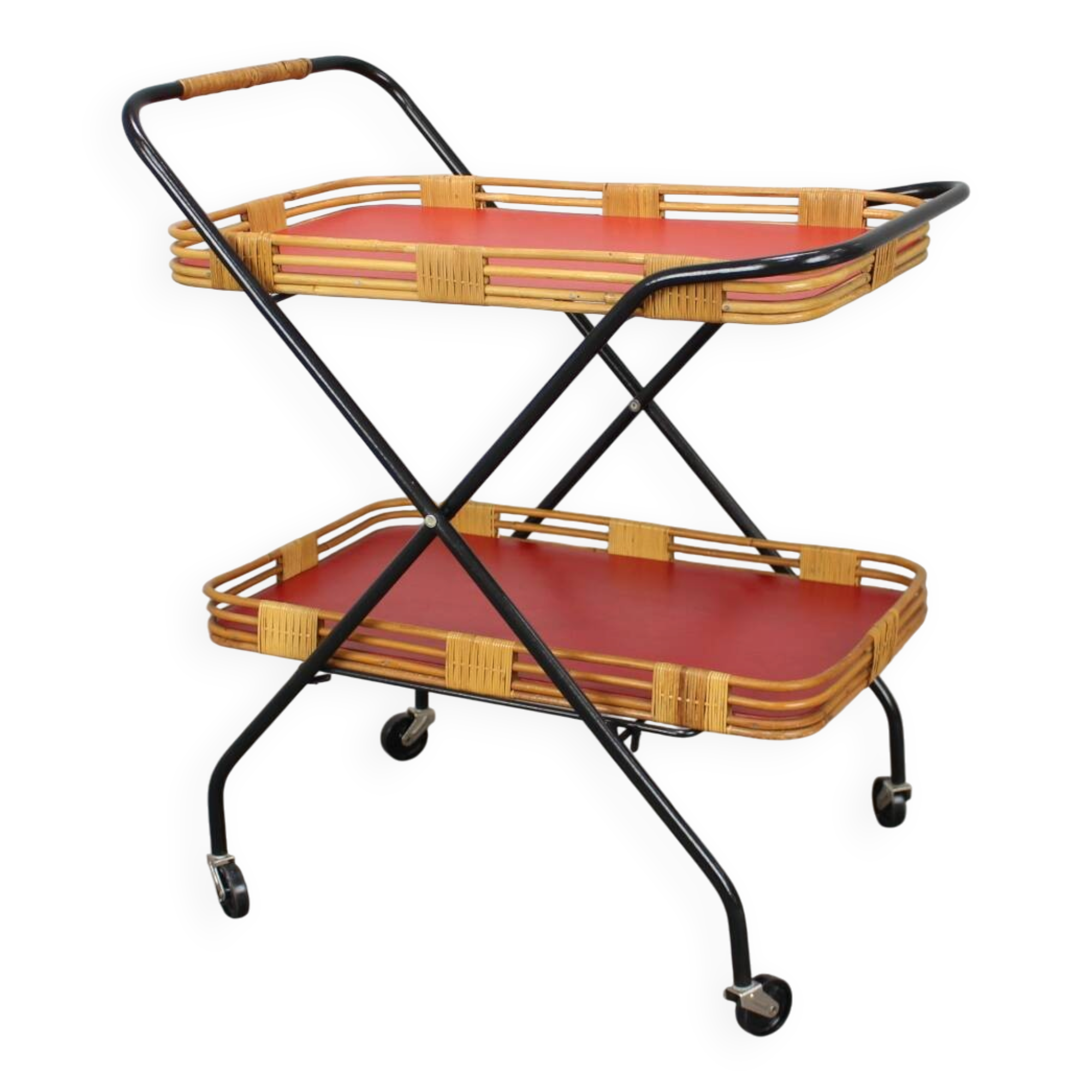 1960s Czechoslovak Mid-Century Folding Bamboo Serving Trolley Bar Cart