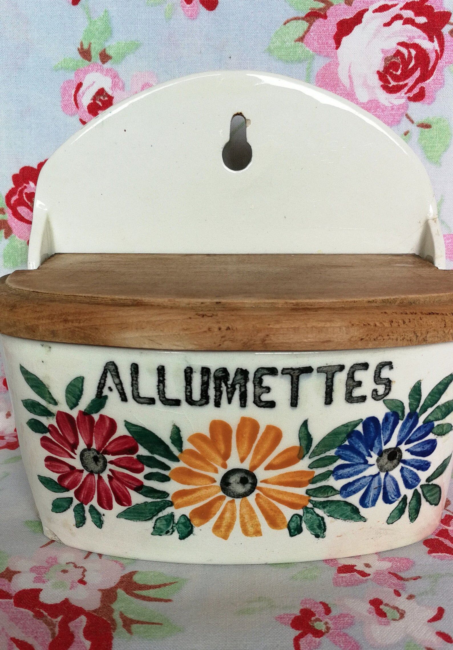 Ceramic matchbox and vintage antique wood dishes Creil Montereau HBCM