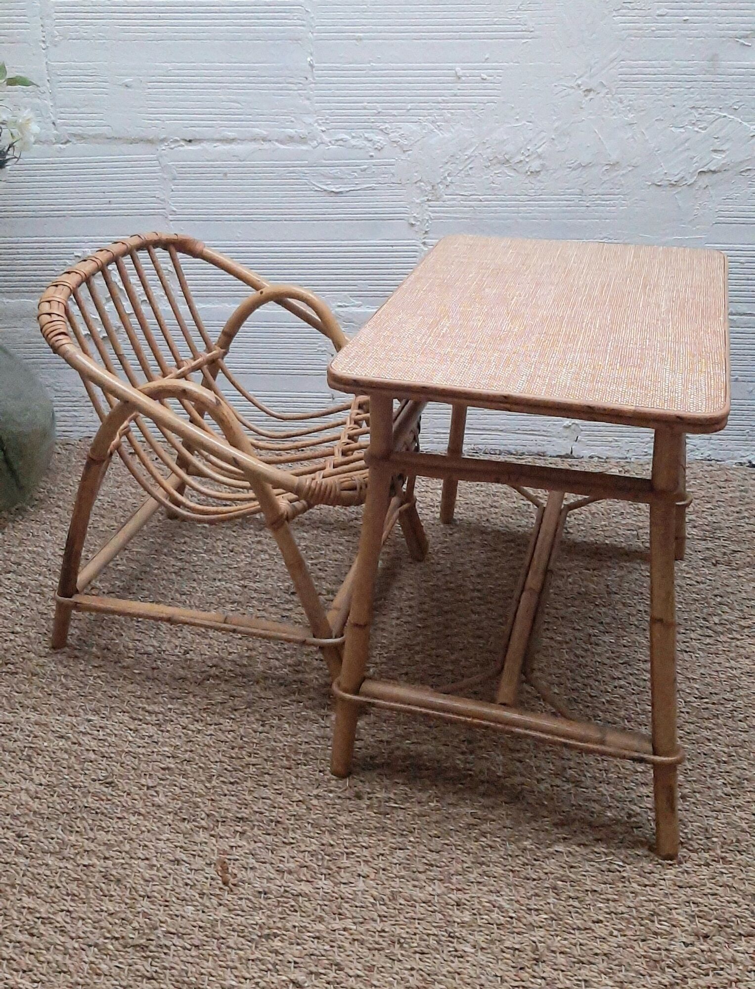 Set desk and armchair child rattan wicker 70s