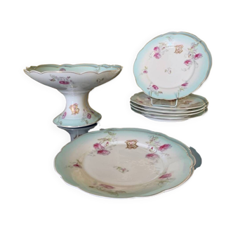 1 set of dessert plates and compote bowl in porcelain with fine gold monograms - table service