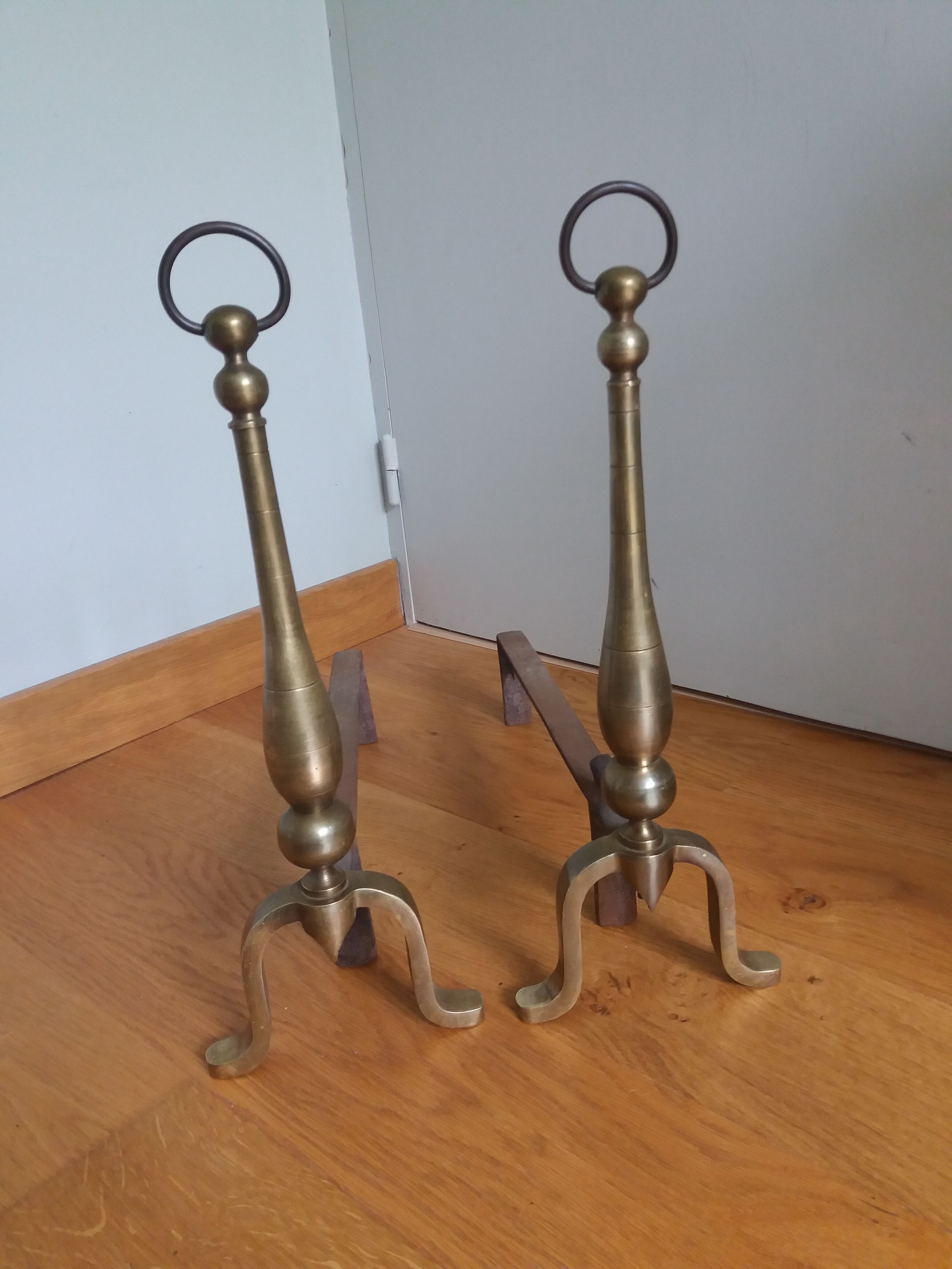 Brass or bronze andirons