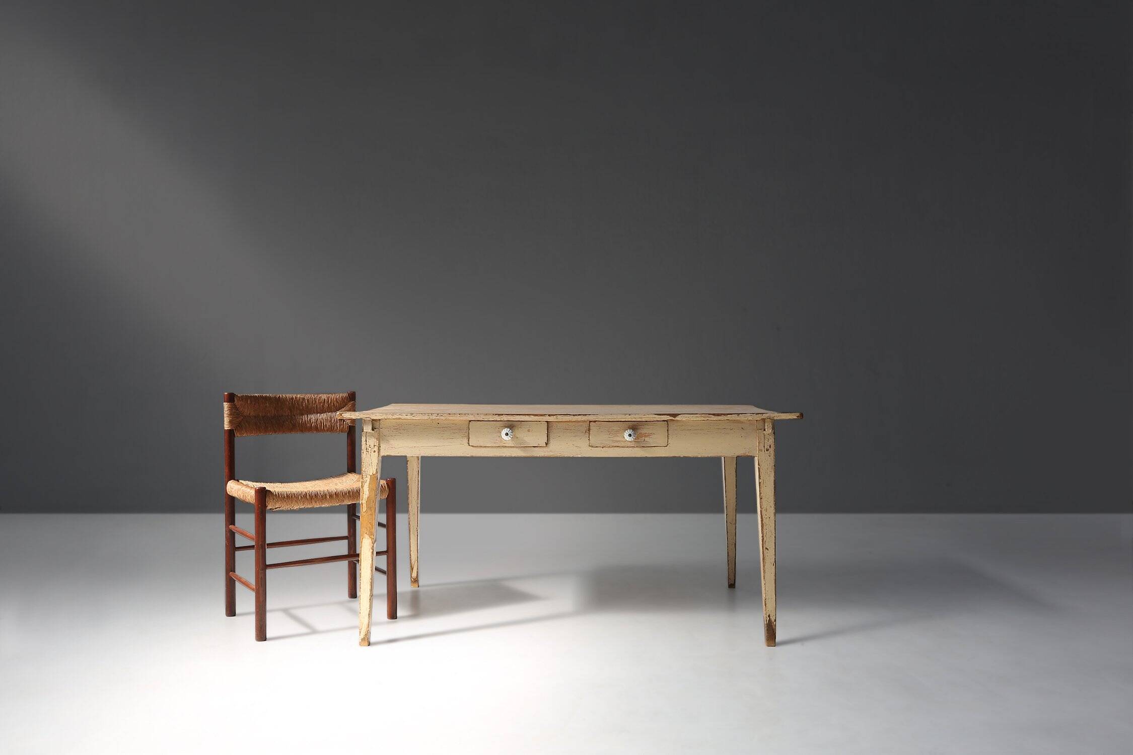 Painted Wooden Farm Table with Tapered Legs, France 1800s