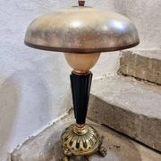 Lampe de table art déco vintage – cuivre, laiton et bakélite – abat-jour champignon – années 1920