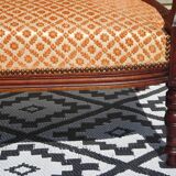 Vintage bench in wood and orange/ivory velvet.