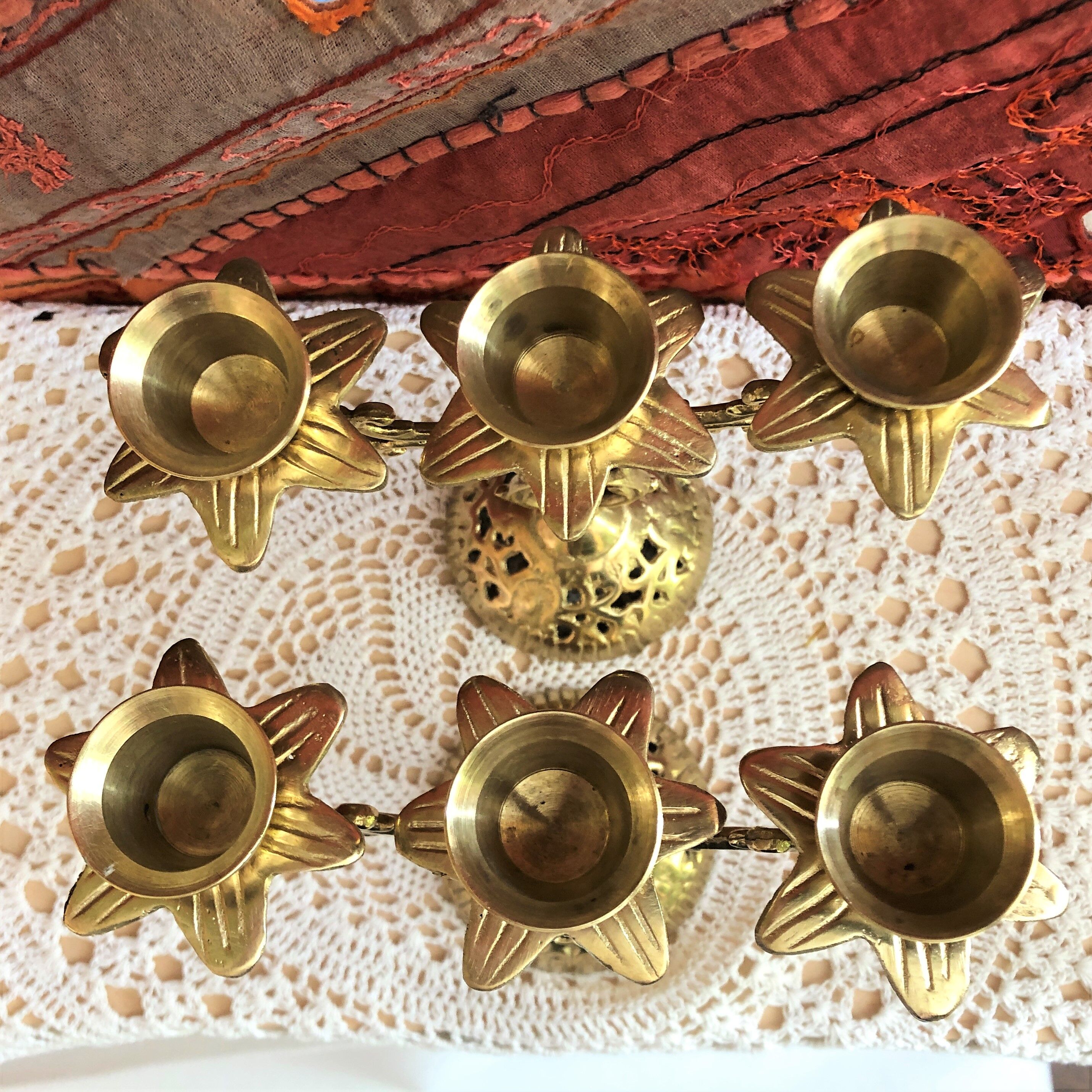 Pair of candlesticks 3 branches golden brass