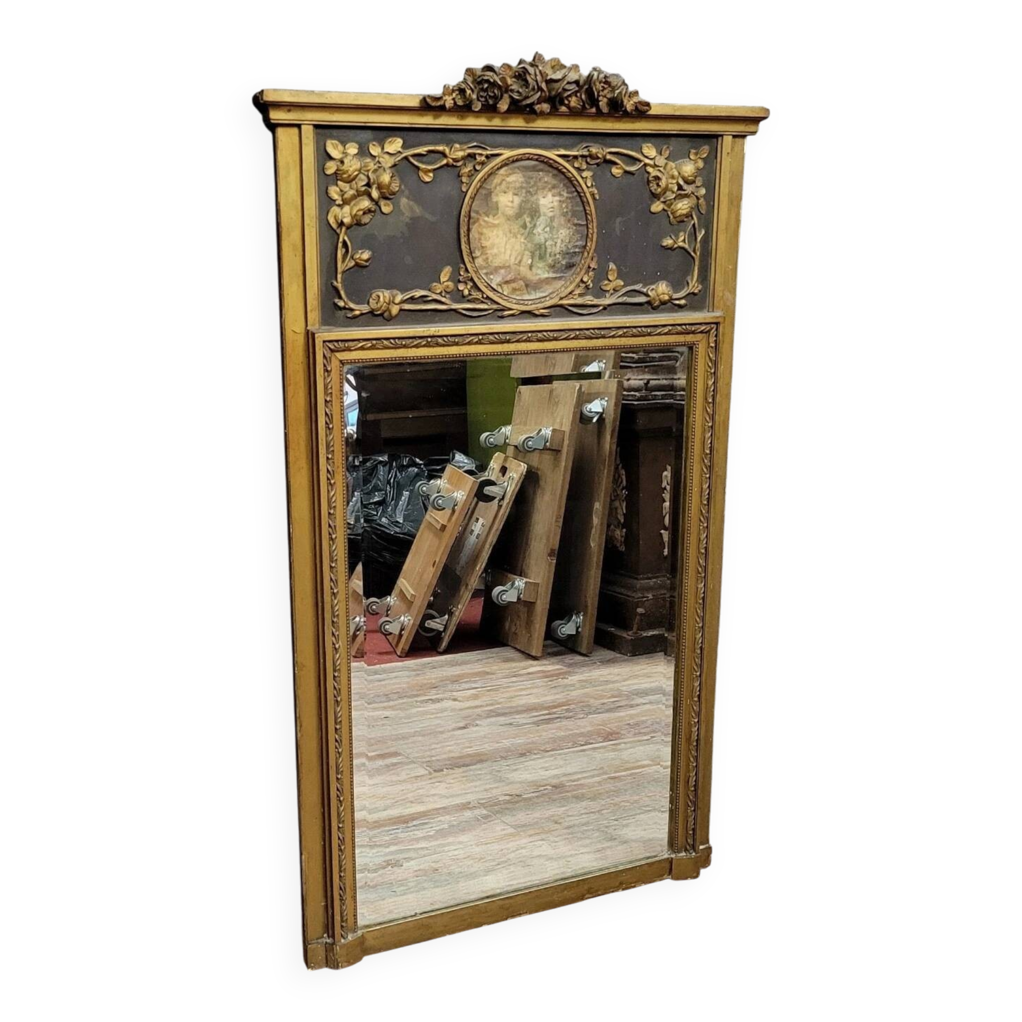 Louis XVI style trumeau mirror in wood and gilded stucco circa 1880