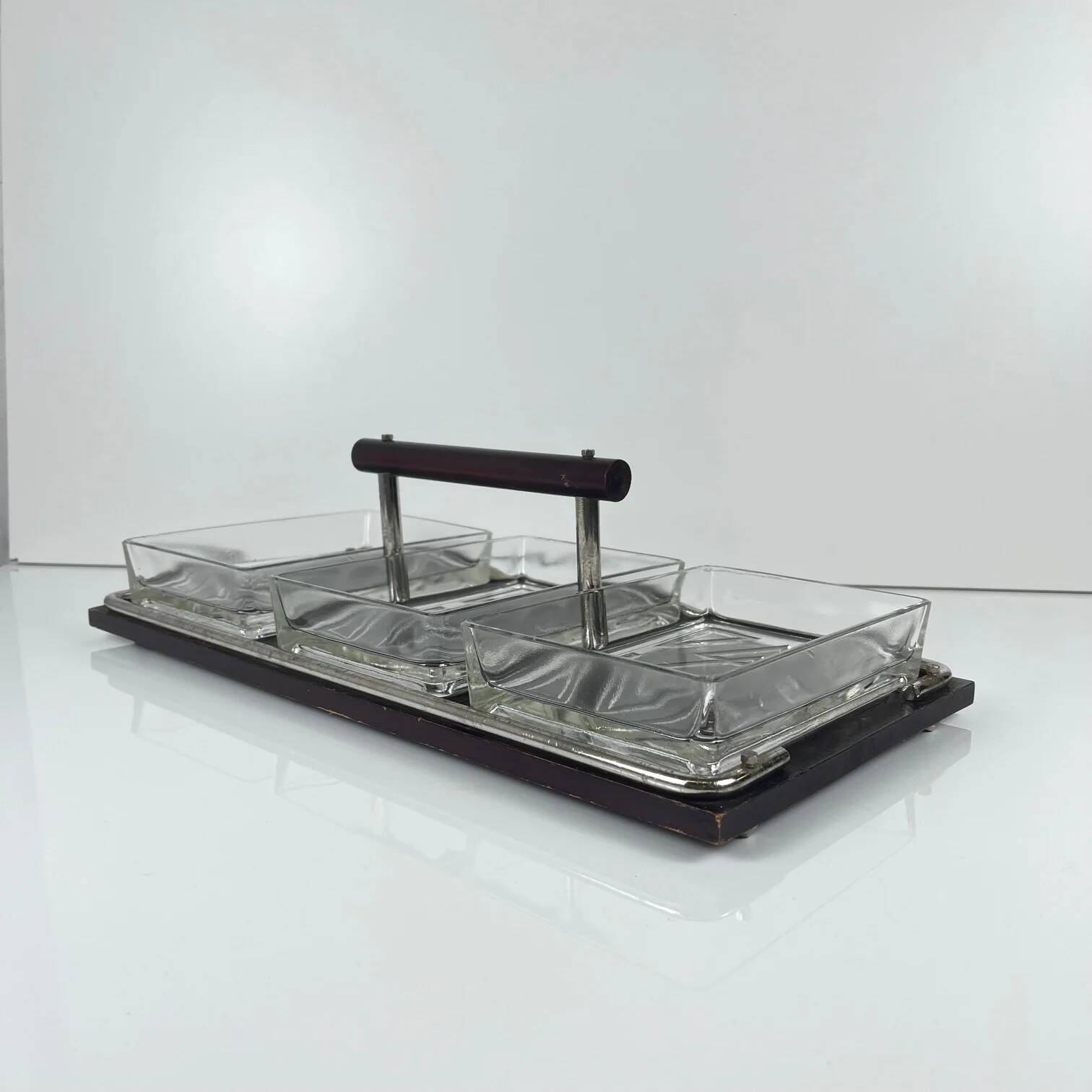 Vintage wooden and glass appetizer tray, 1960s/70s