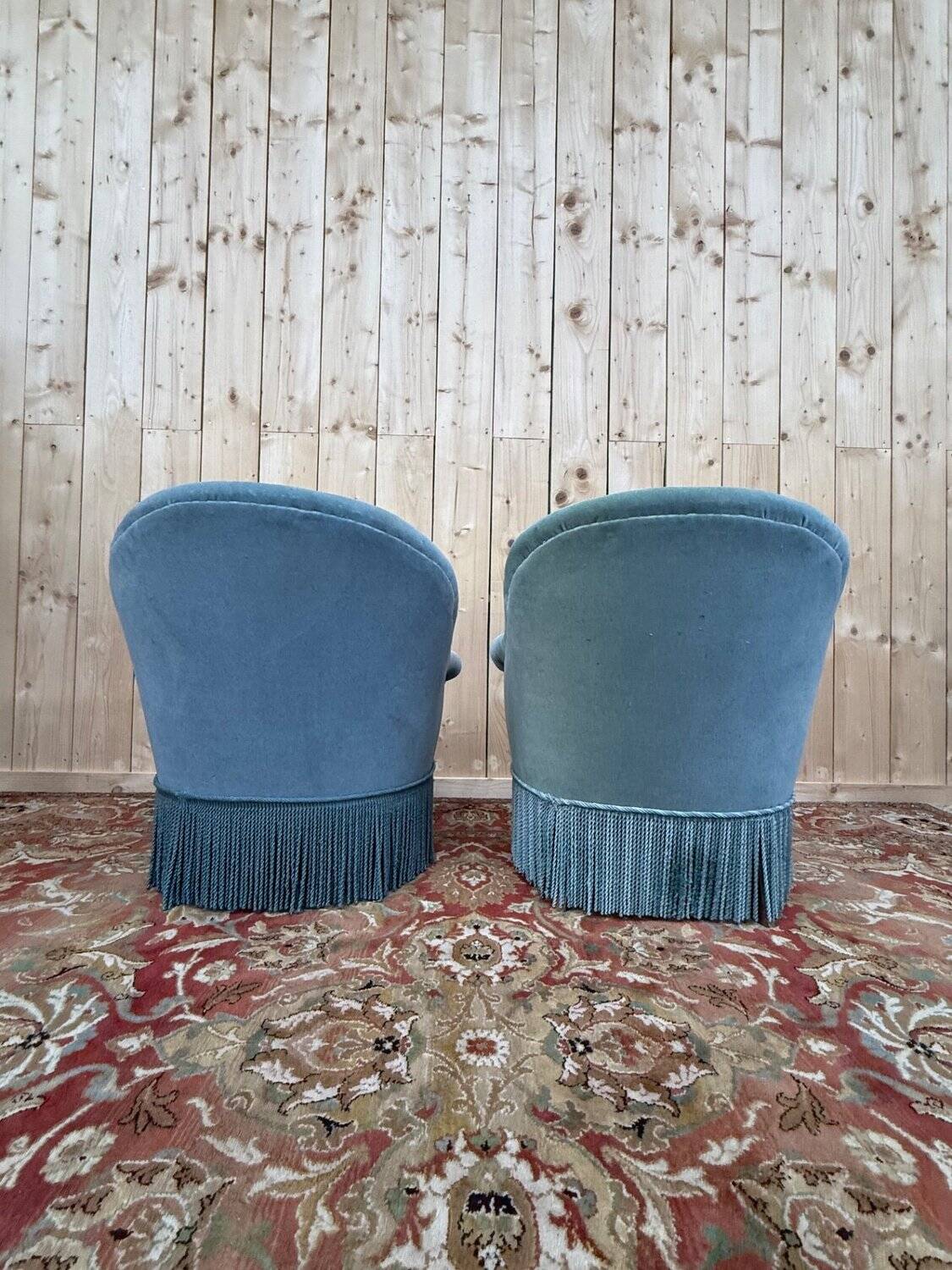 False pair of toad armchairs – Duck blue velvet – Mixed legs XI