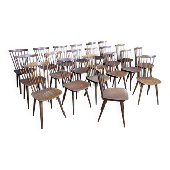 Lot of 20 wooden bistro chairs model Menuet Baumann France 1960s