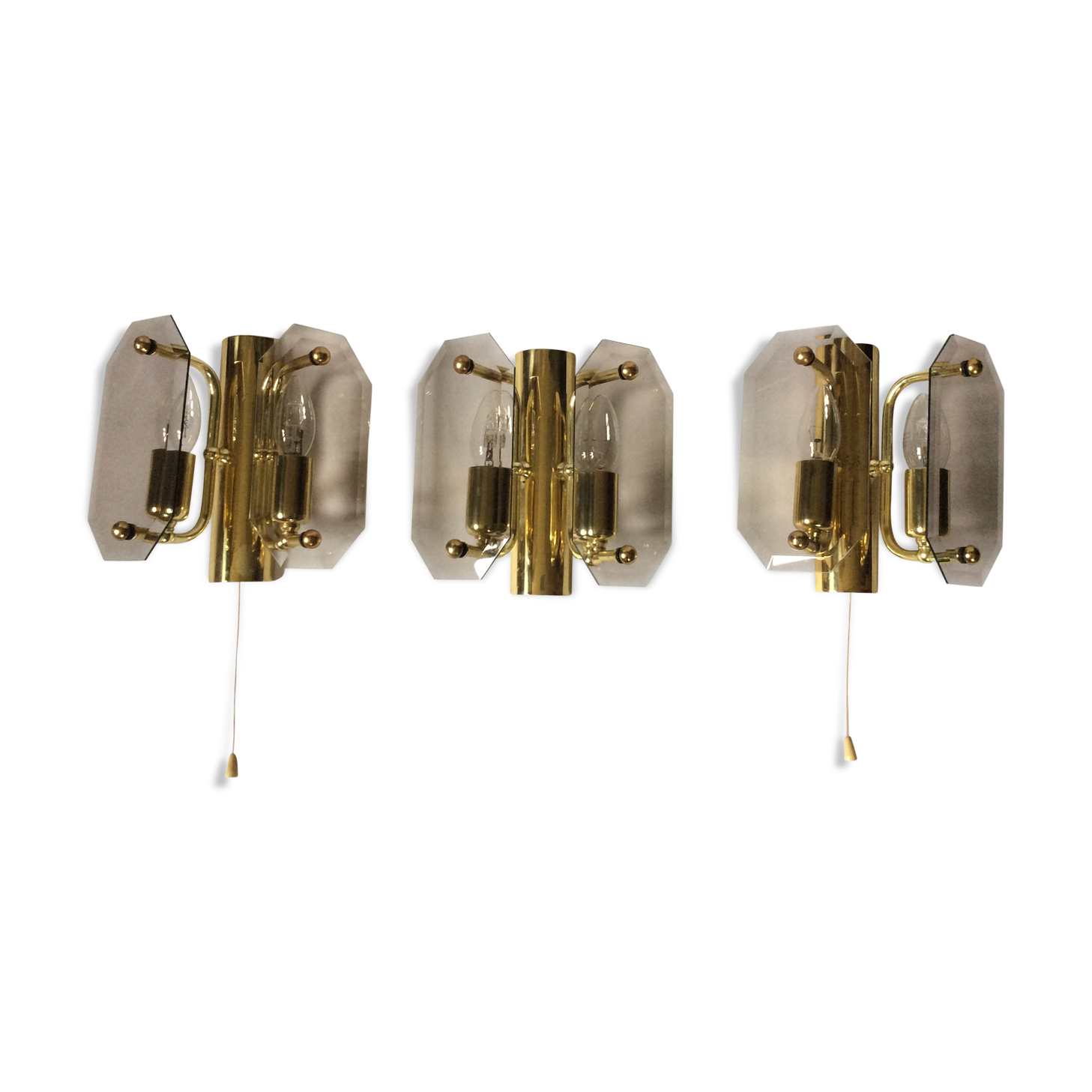 3 brass and vintage glass wall sconces