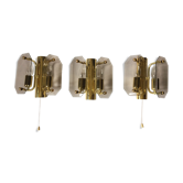 3 brass and vintage glass wall sconces