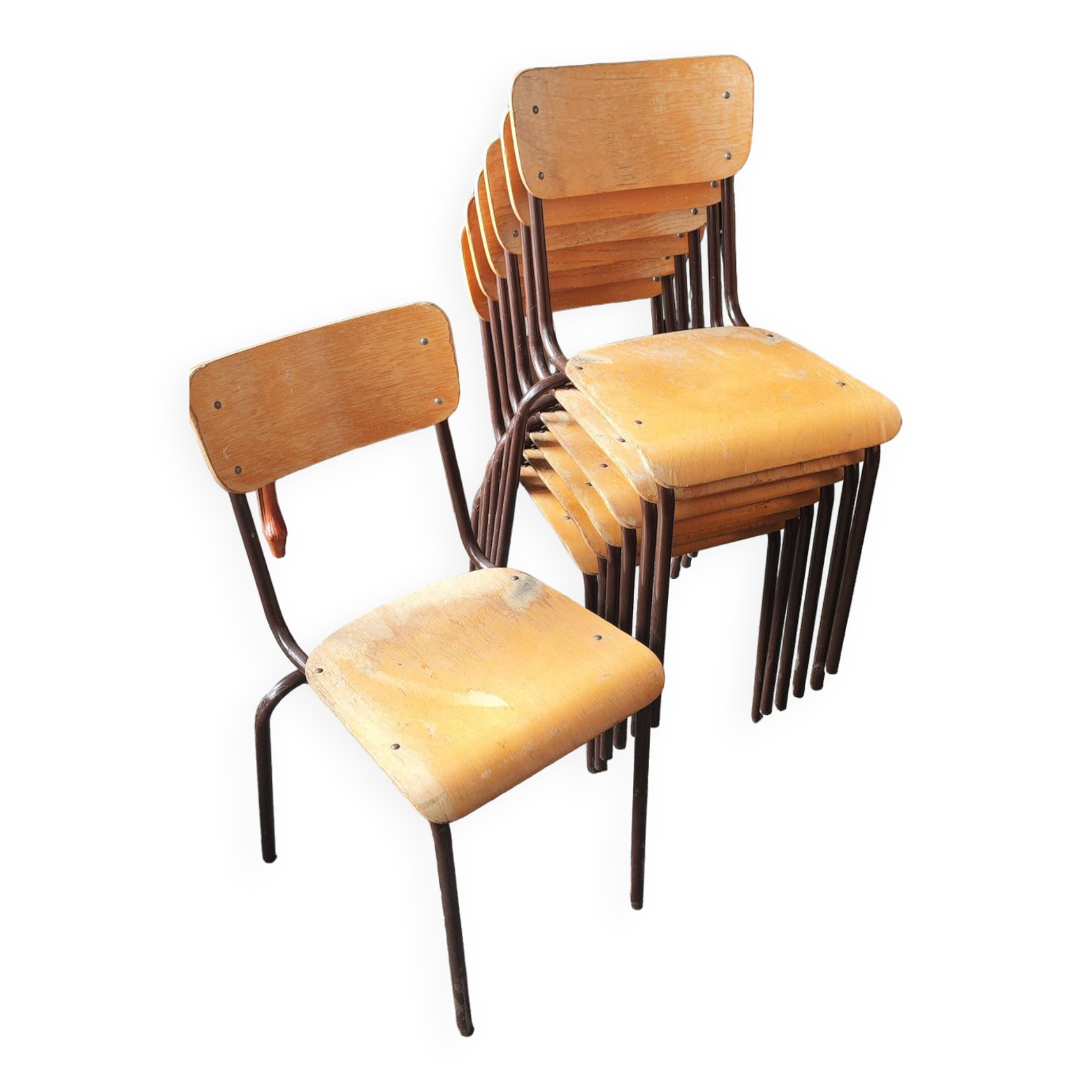 Set of six rounded back metal and wood school chairs