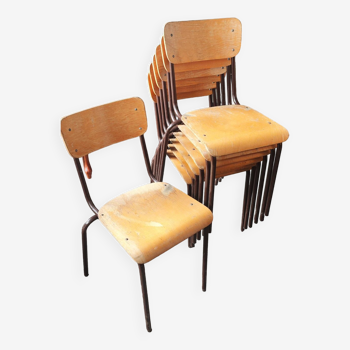 Set of six rounded back metal and wood school chairs