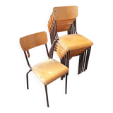 Set of six rounded back metal and wood school chairs