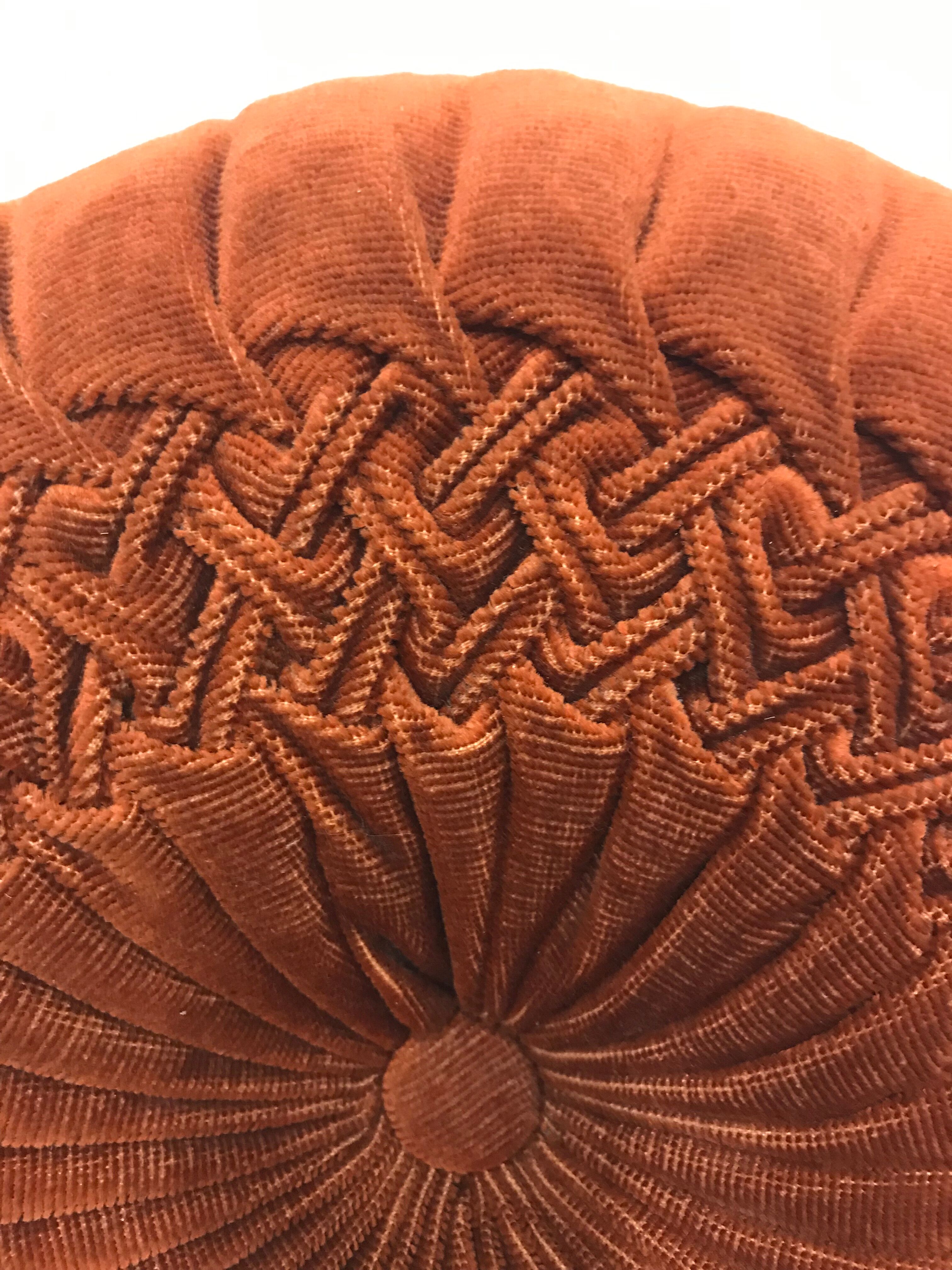 Round pleated cushion in vintage orange brown ribbed velvet