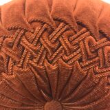 Round pleated cushion in vintage orange brown ribbed velvet