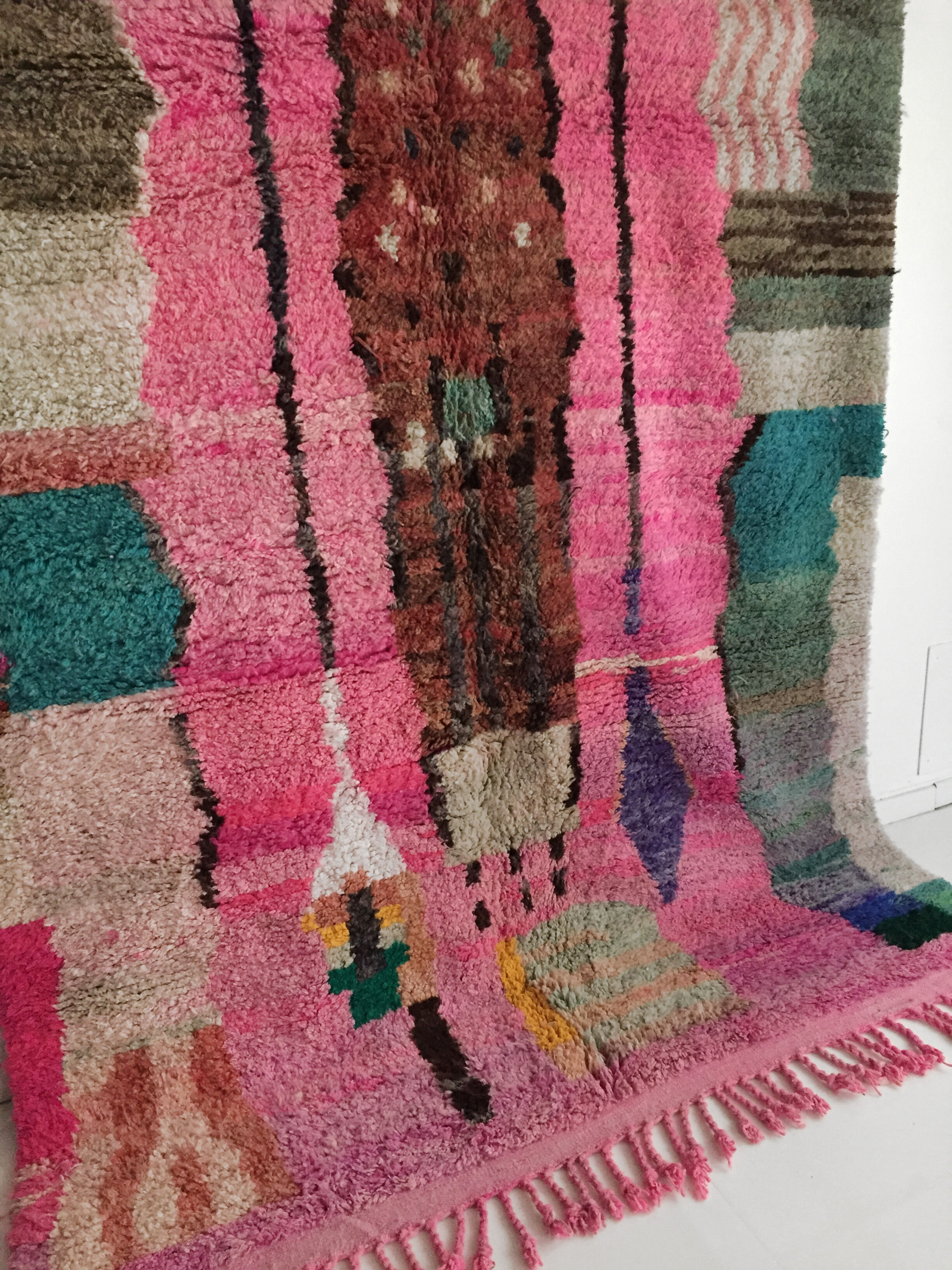 Moroccan Berber carpet Boujaad pink with colorful patterns 304x201cm