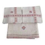 antique red and white table service "DB" tablecloth 1.55m x 2.20m and its 12 napkins