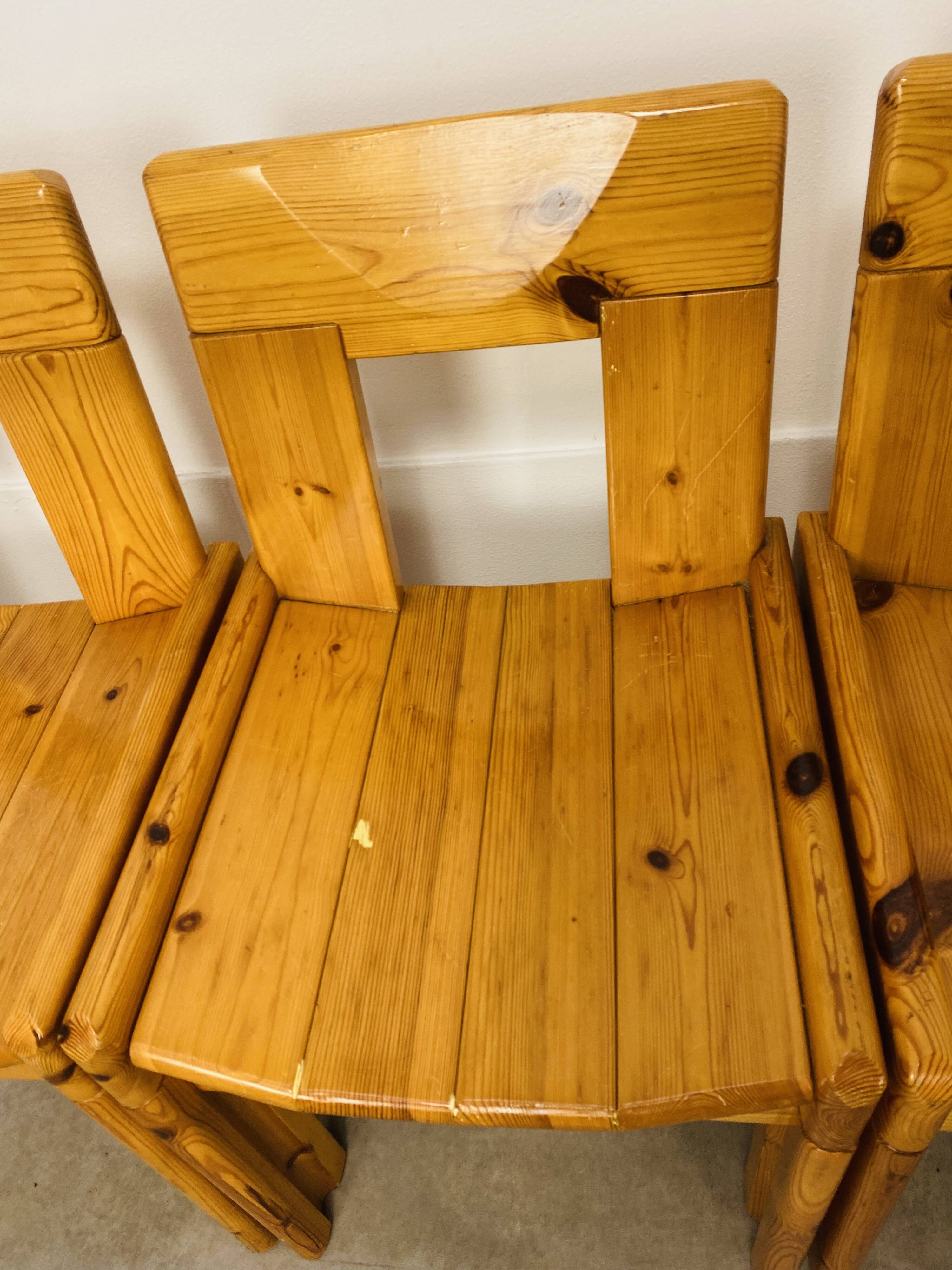 4 brutalist chairs by Silvio Coppola for Roche Bobois, solid pine