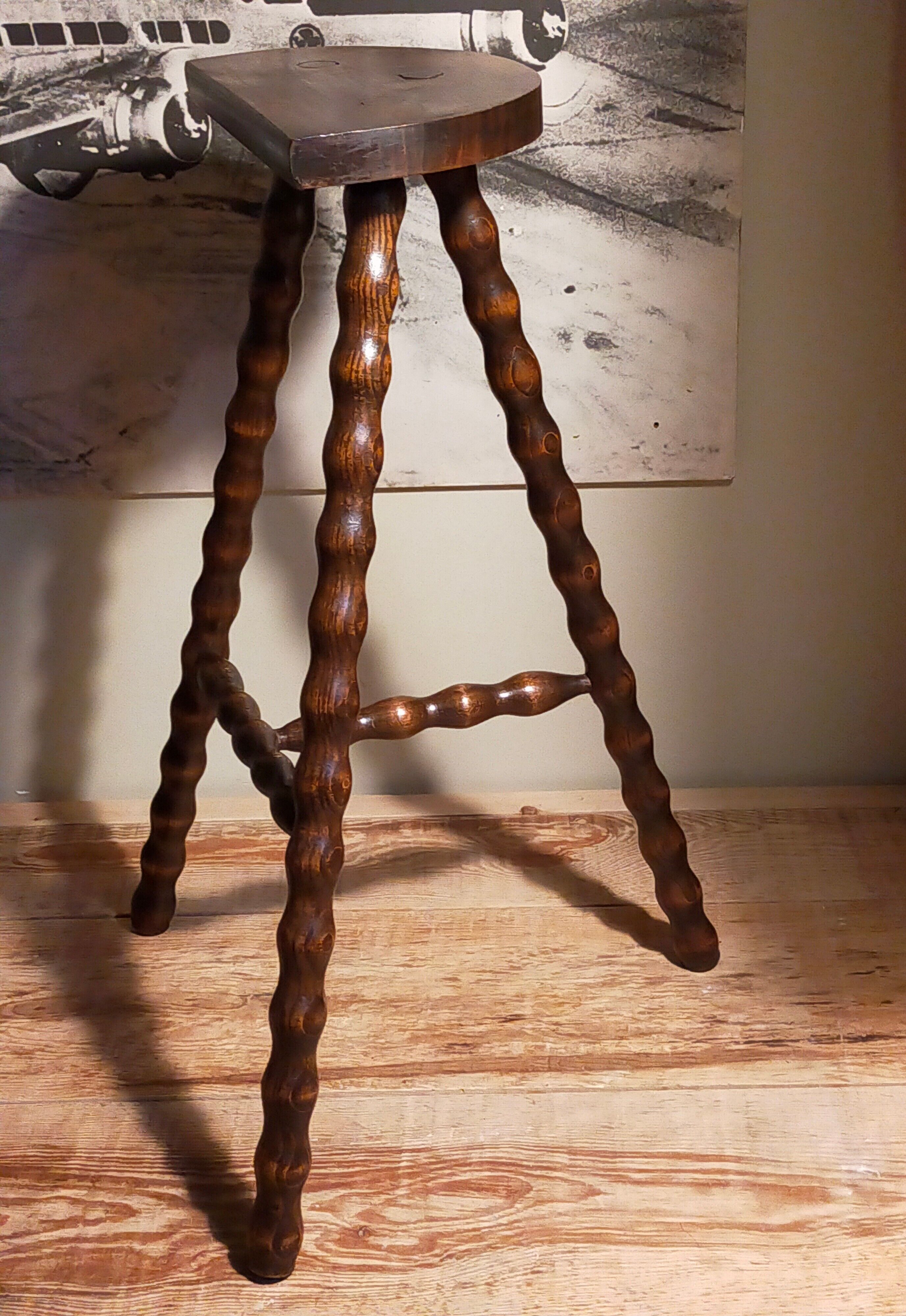 Stool high tripod solid wood turned vintage
