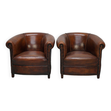 Vintage Dutch Cognac Colored Leather Club Chair, Set of 2