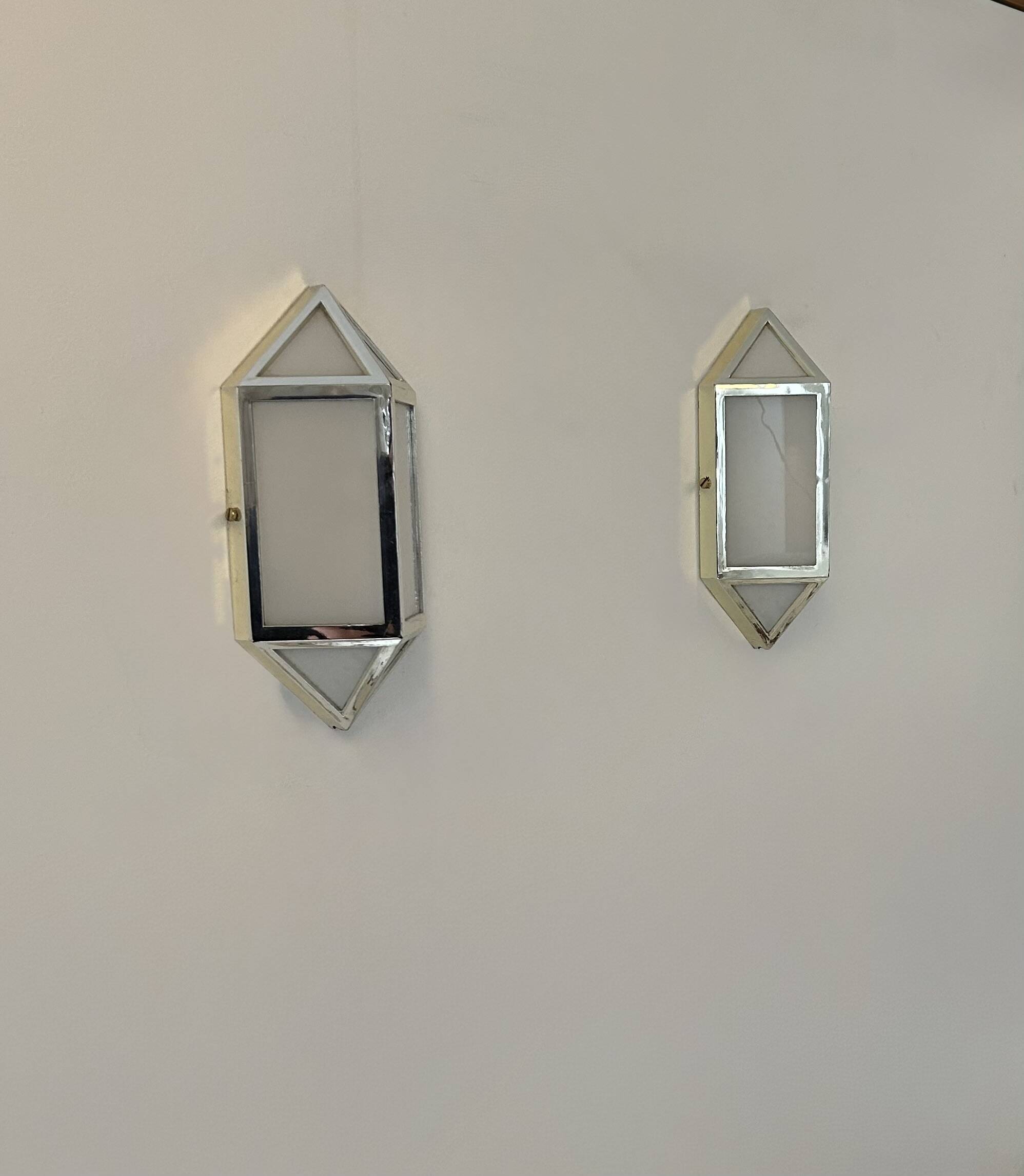 Pair of vintage wall lights, chrome-plated ABS and satin-finish Perspex, France, 1980