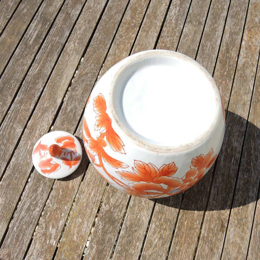 Antique Large Ginger Jar with Orange Floral Decor