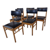 Set of 6 modernist chairs in light wood and black faux leather by Baumann.