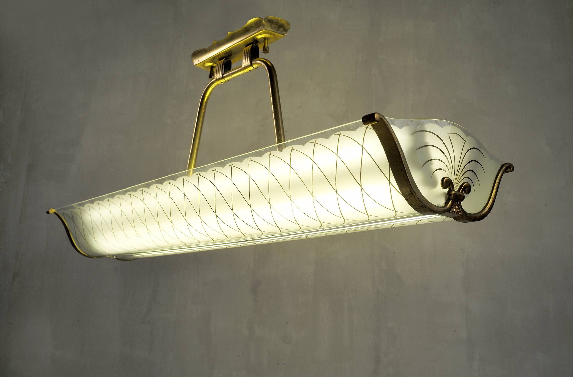 Large cast glass and brass pendant light Maison Lunel France 1960