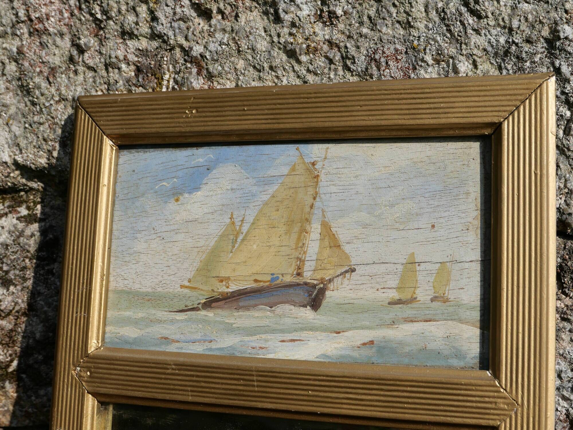 Mirror trumeau sailboat oil painting on wood
