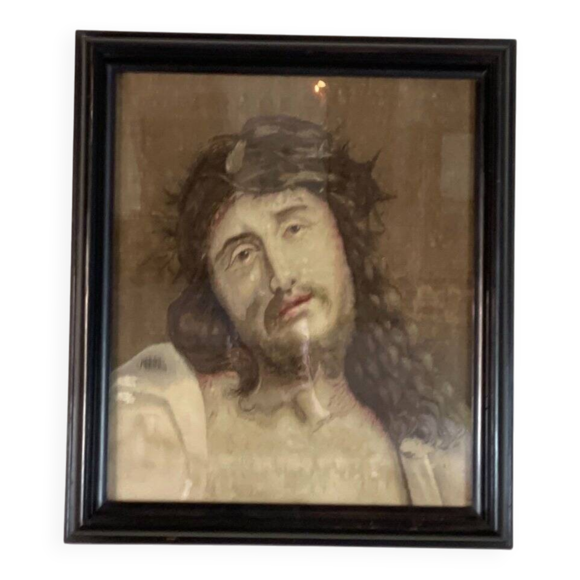 Tête du Christ, fragment de tapisserie sur châssis et encadré, Flandres XVIIIème siècle
