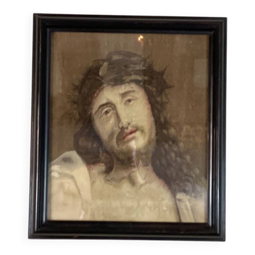 Head of Christ, fragment of tapestry on frame and mounted, Flanders 18th century