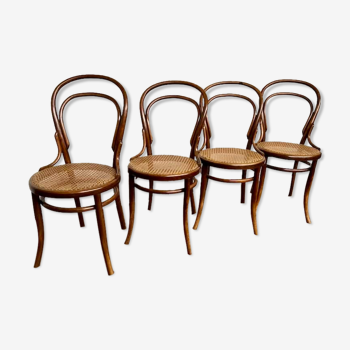 Lot de 4  chaises bistrot en bois courbé des années 1920  1930 assise cannée