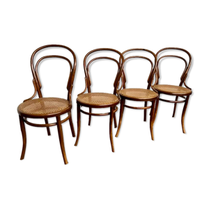 Lot de 4 chaises bistrot en bois courbé des années 1920 1930 assise cannée