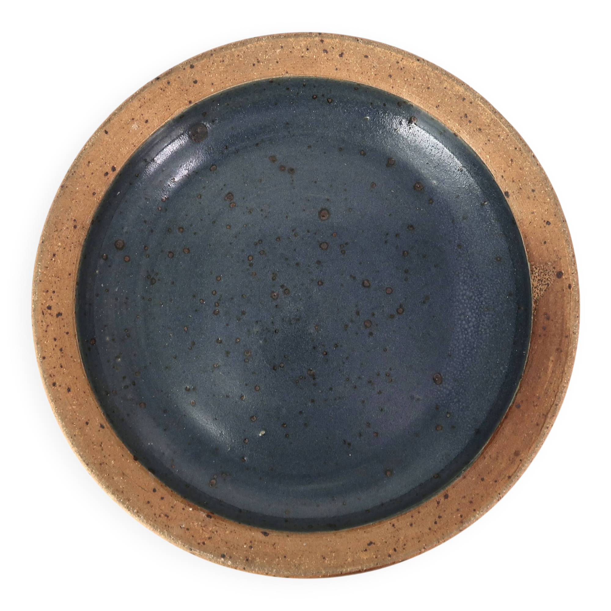 Round hollow plate in stoneware by Pierre Digan, La Borne, blue ceramic from the 1960s.