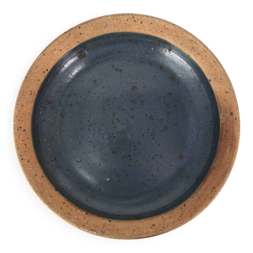 Plat rond creux en grès de Pierre Digan, La Borne, céramique bleu années 60