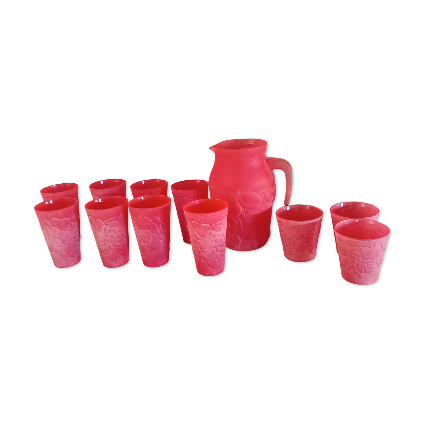 Cervé vintage red frosted glass orangeade set with fruit decoration