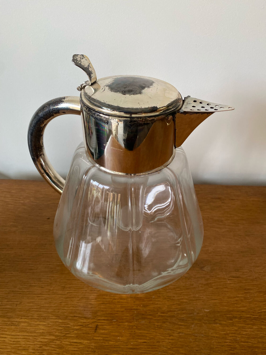 Old Refreshing Carafe + Ice Tube Moulded Glass + Silver Metal