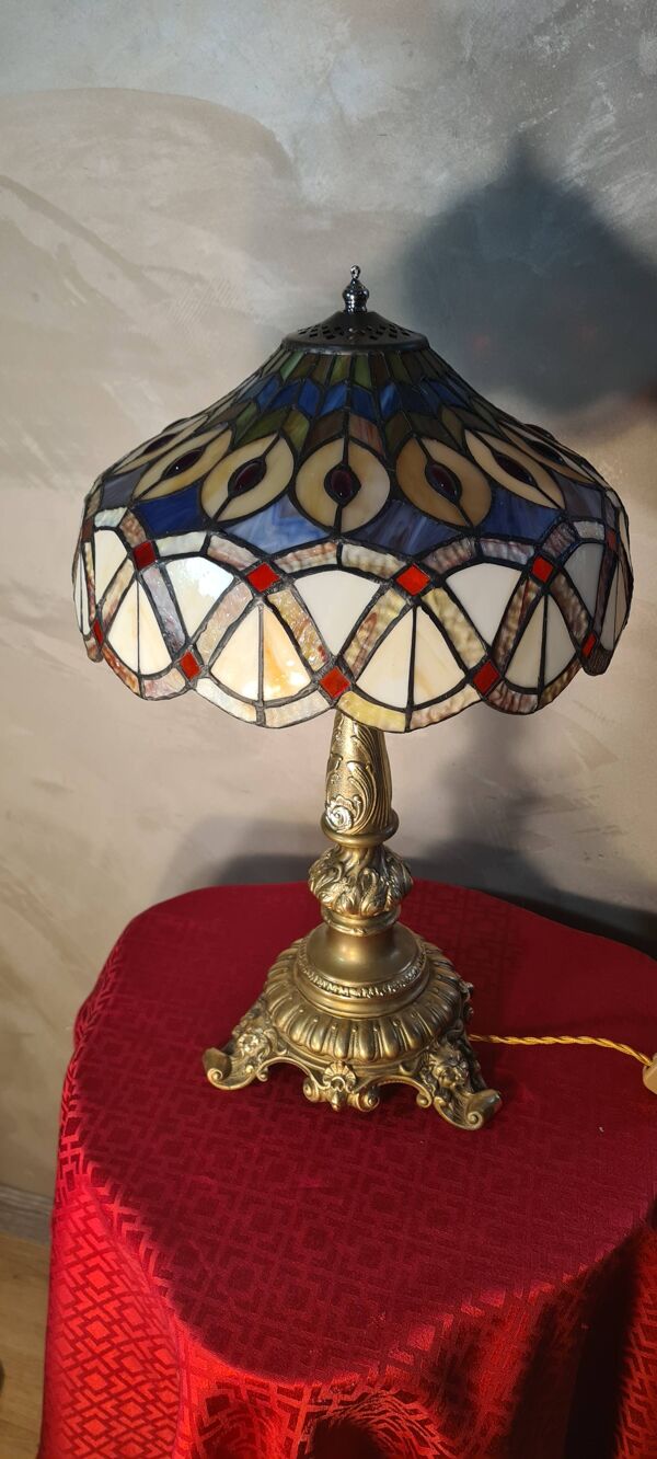 Lampe ancienne restaurer bronze massif 52x30 abat jour style tiffany