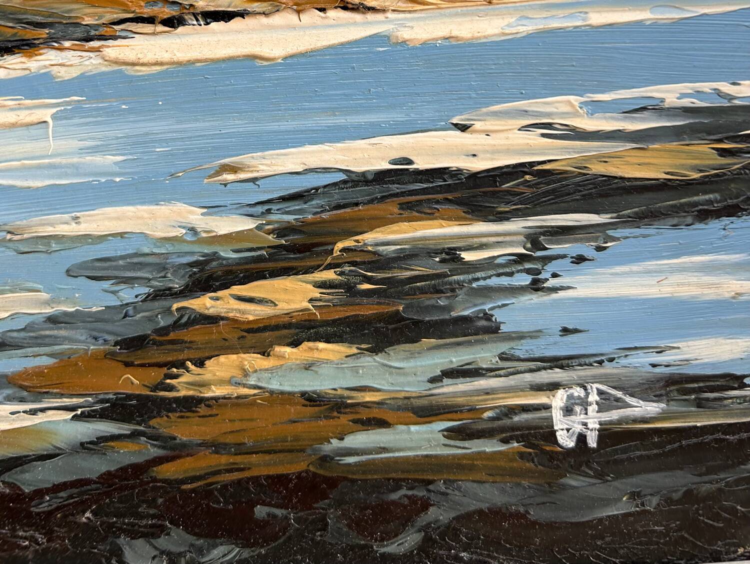 Marine bretonne, huile à couteau, Signé BP. Nouvelle série.