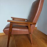 Scandinavian armchair in brown leatherette and wood