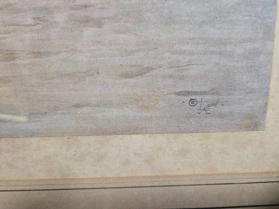 Hunting scene, watercolour engraving on paper signed by Cecil.