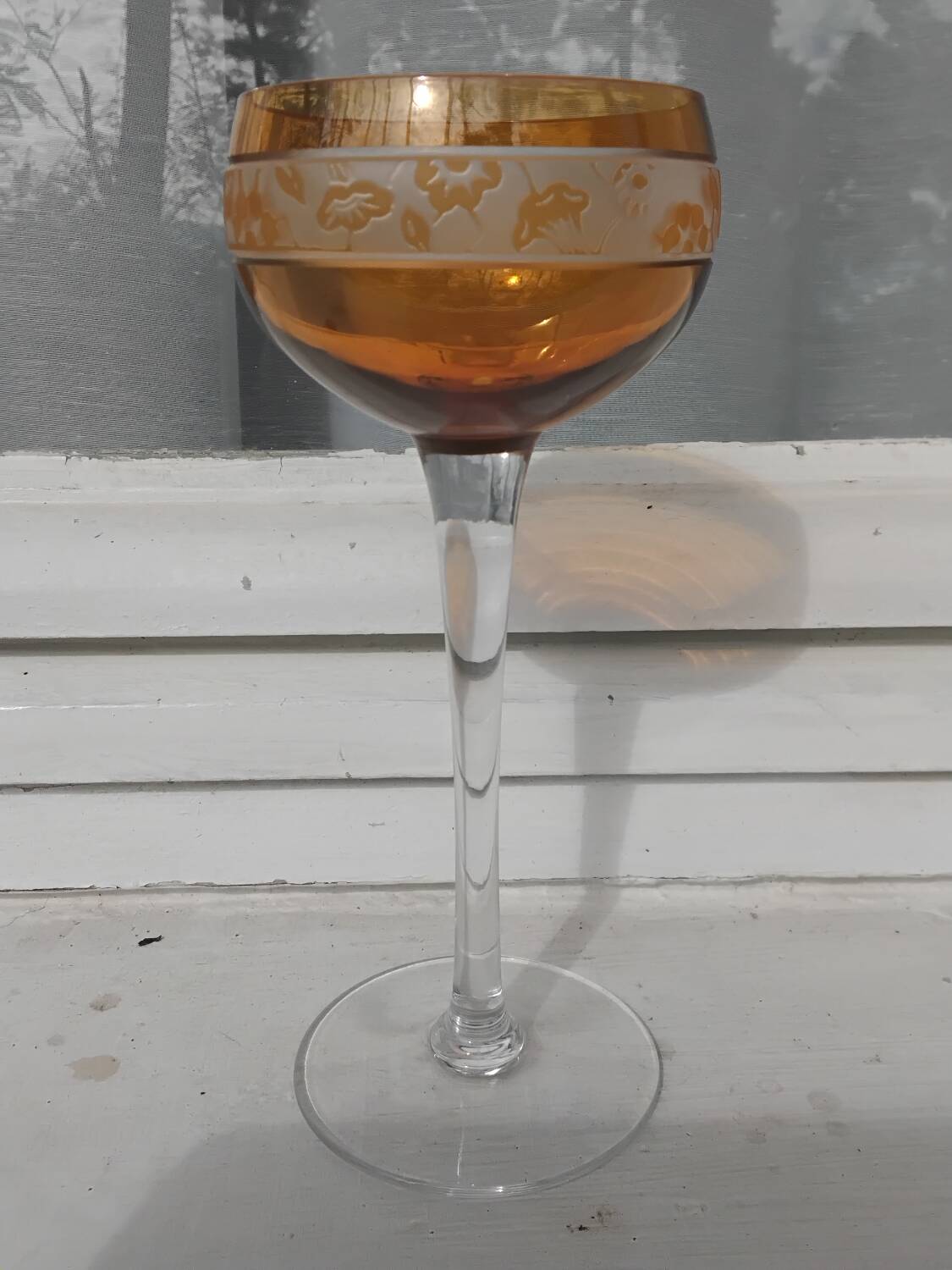 14cl Nancy Houillon crystal wine glass, amber lined, floral frieze