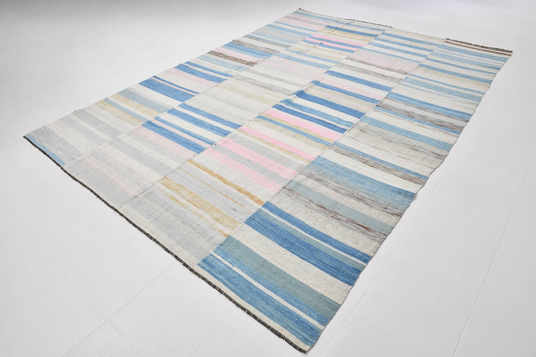 8x12 Light Blue & Off White Large Kilim Rug, 260x361Cm