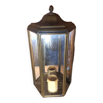 Old Brass Lantern Wall Lamp with Mirrored Background + Vintage Glass Plates