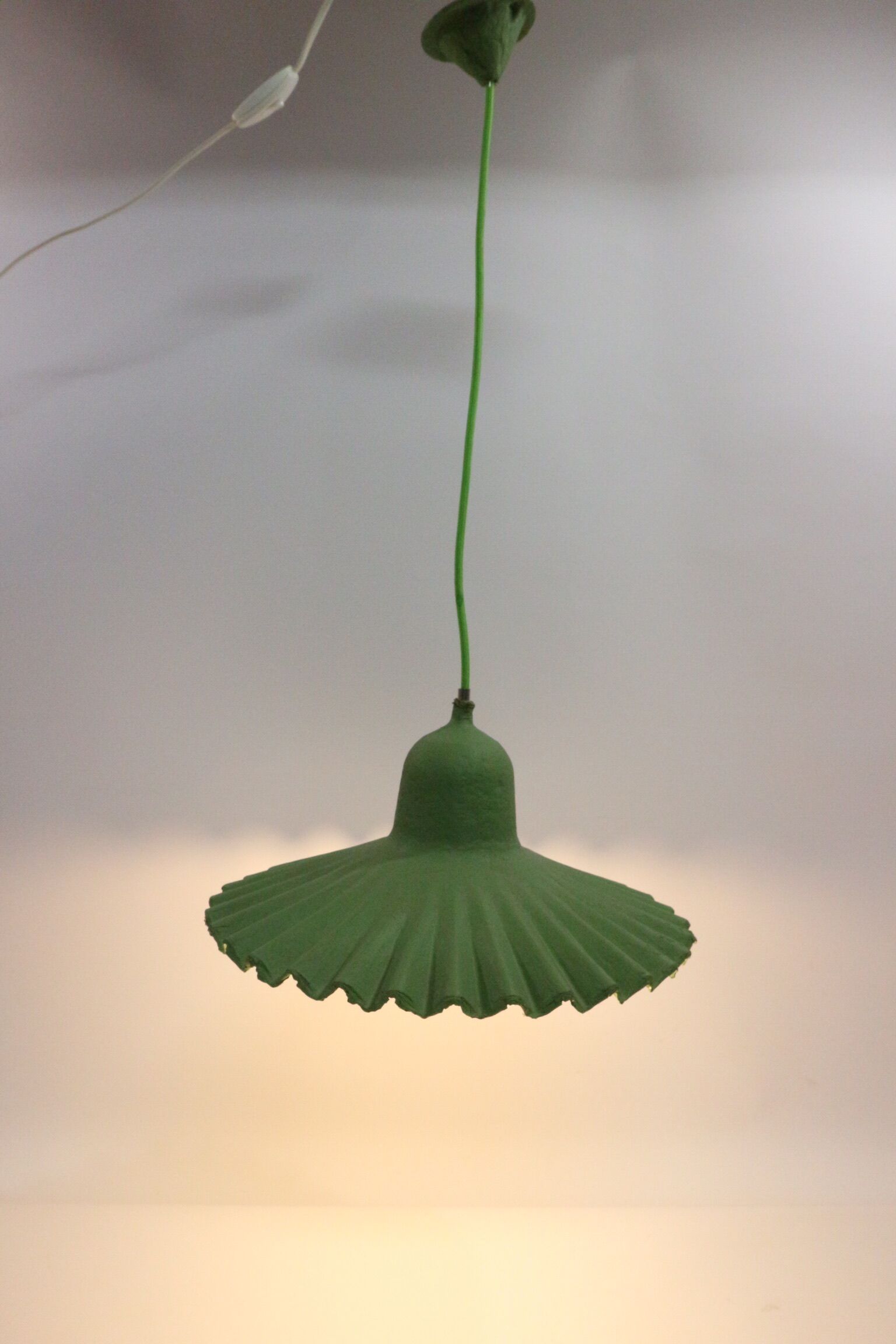 Two lamps/ pendant lamps in recycled cardboard, pink and green, seletti
