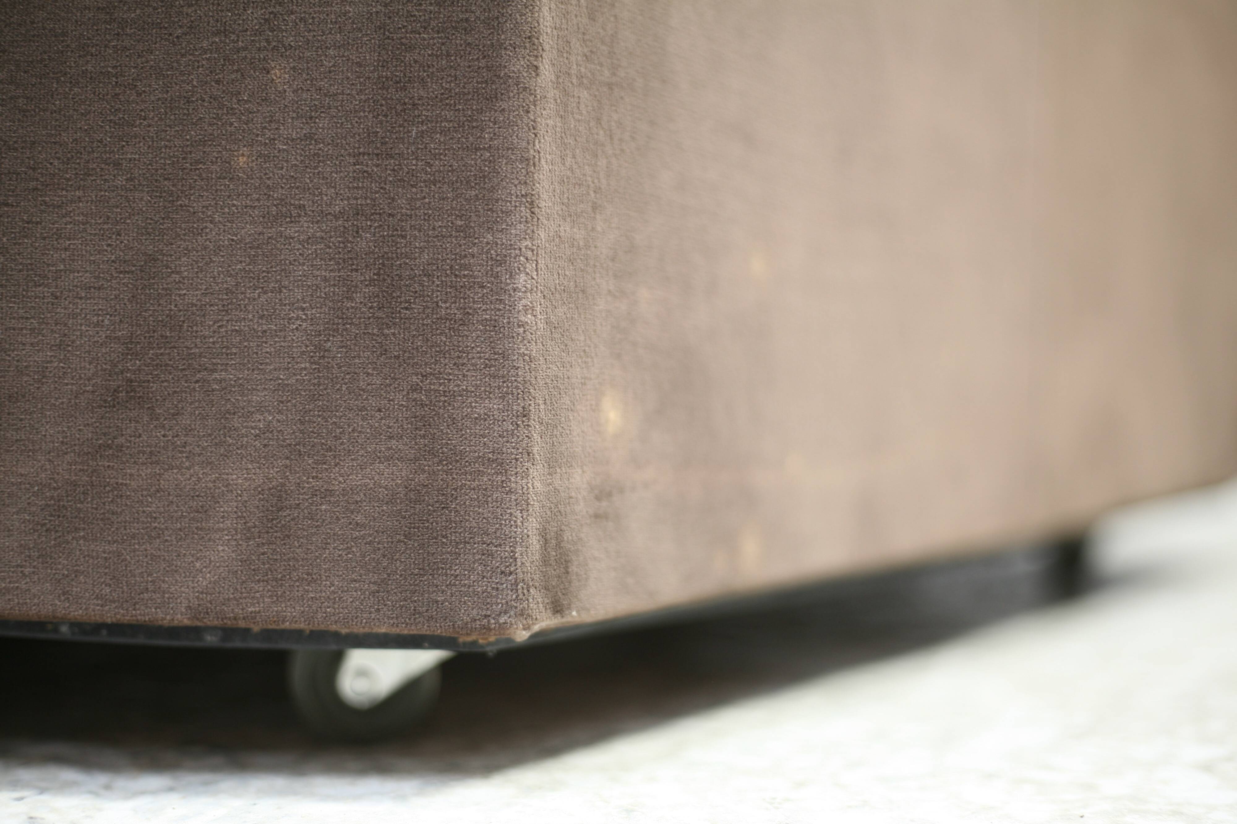 Space age table, hexagonal. Wood, velvet and smoked mirror. Circa 1970