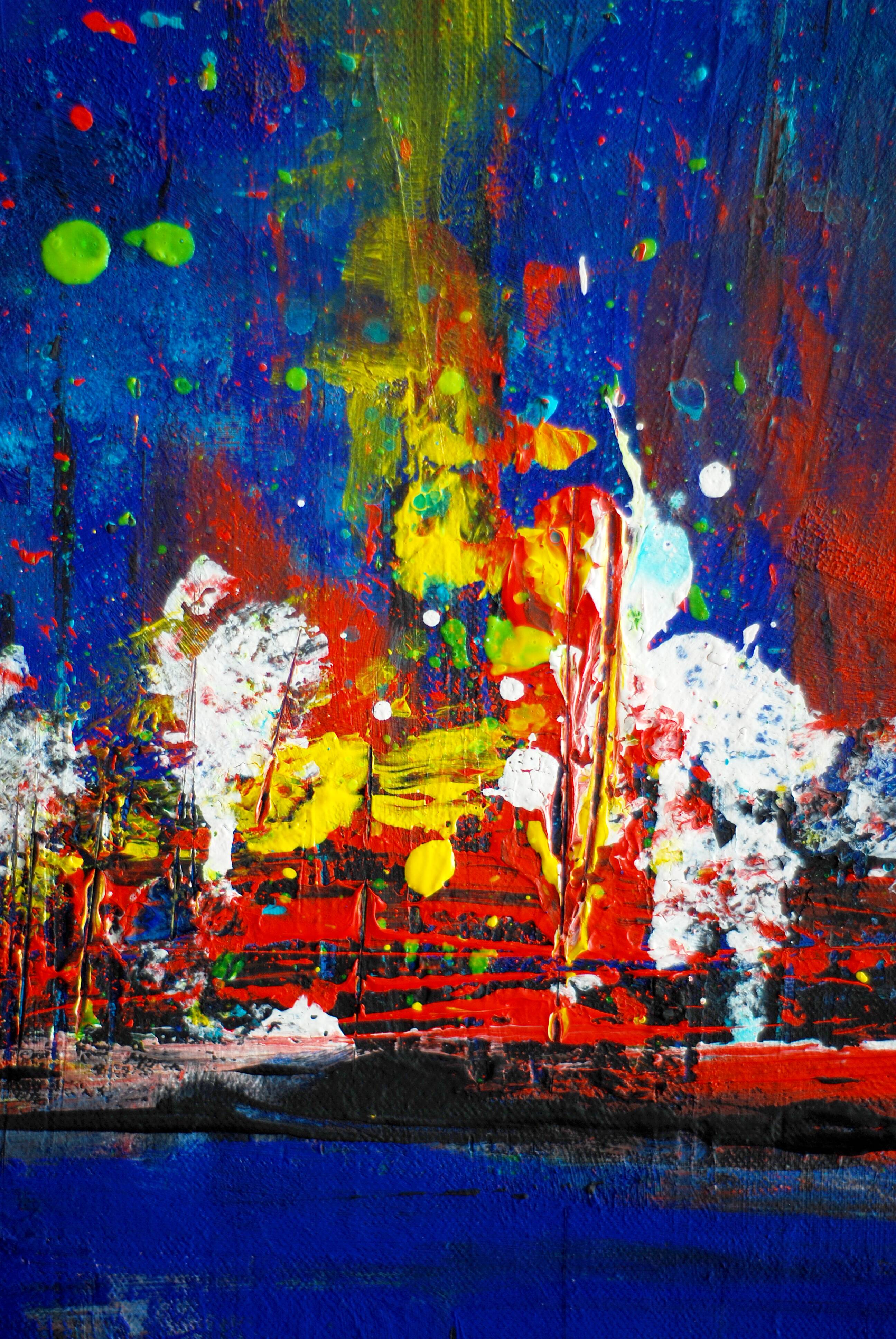 Abstract blue and red colors acrylic painting on stretched canvas