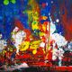 Abstract blue and red colors acrylic painting on stretched canvas
